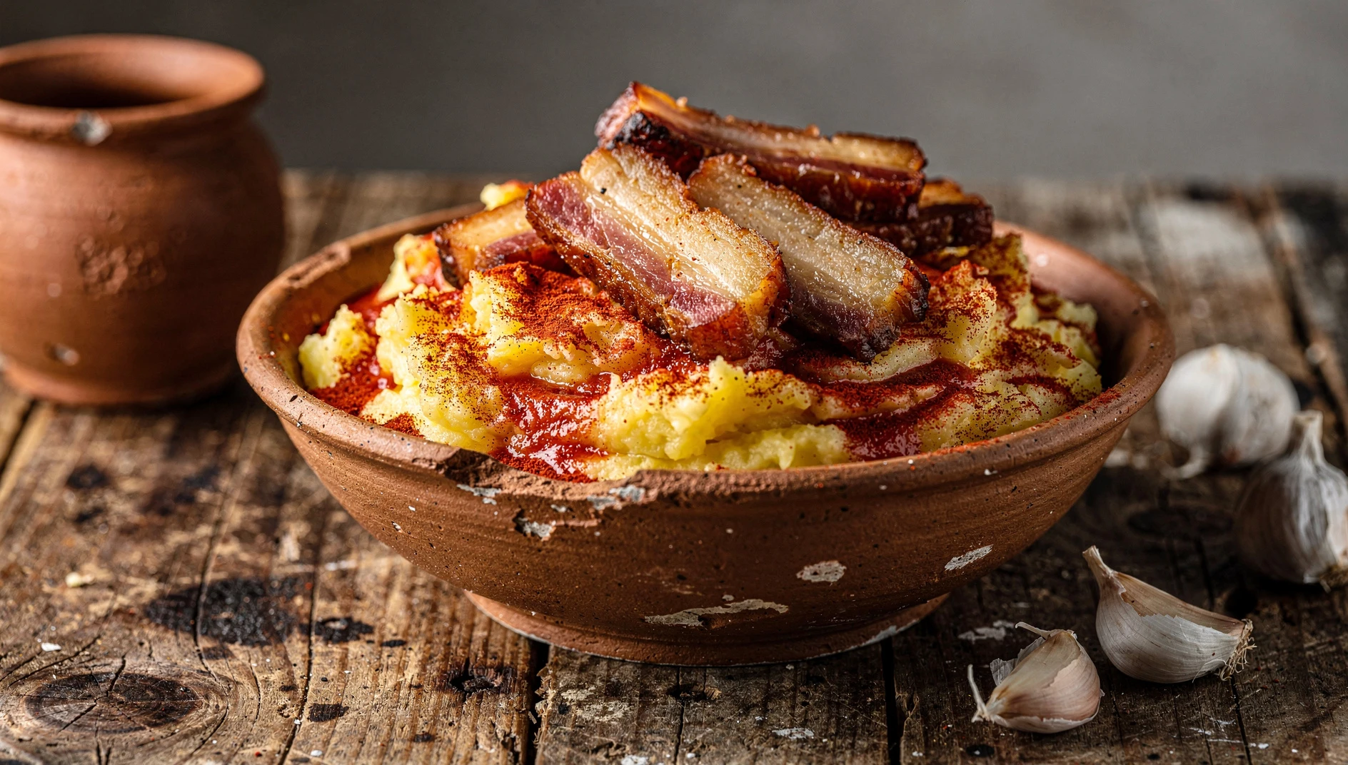Bol de patatas revolconas con torreznos crujientes y pimentón de la Vera, receta tradicional de Ávila