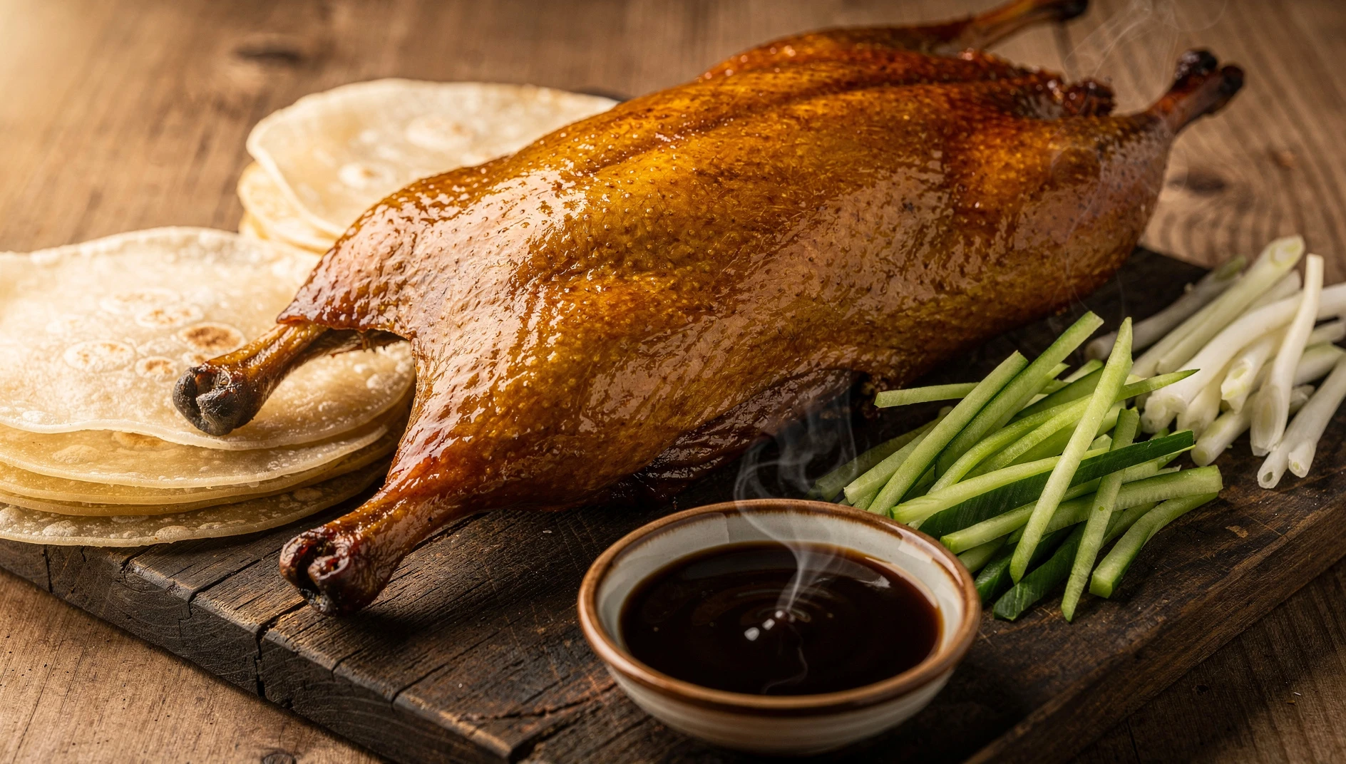 Pato laqueado de Pekín con piel crujiente dorada acompañado de crepes, pepino en juliana y salsa hoisin