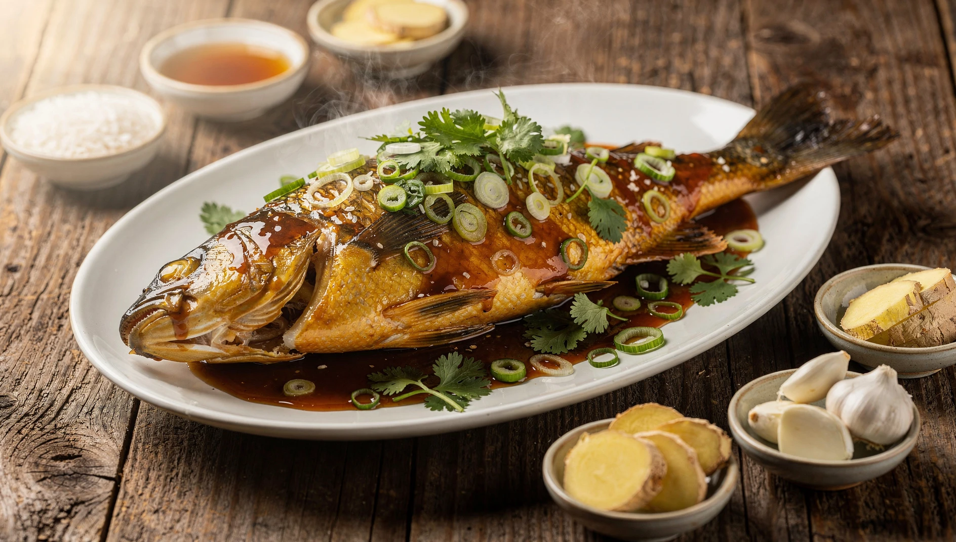 Pescado del Lago del Oeste al vapor con salsa agridulce suave, decorado con cebolleta y cilantro fresco sobre plato blanco