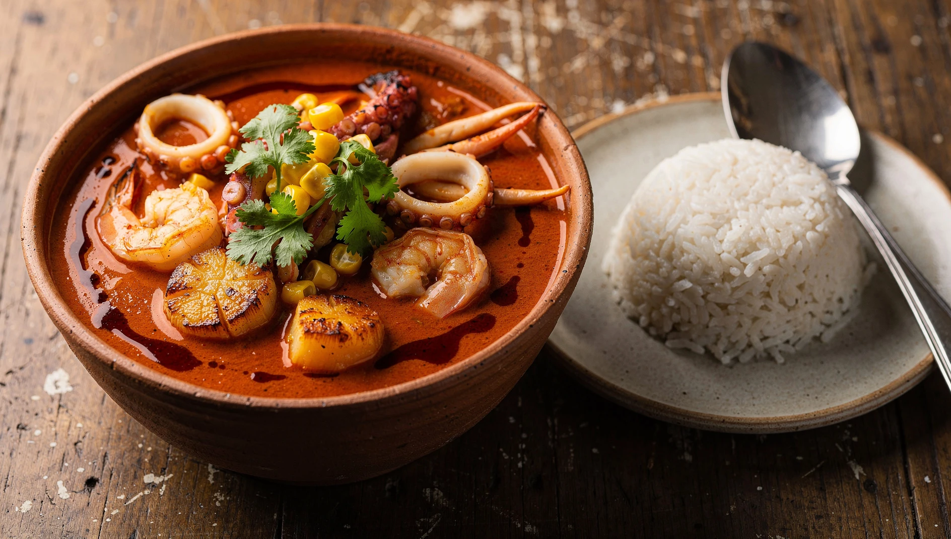 Picante de mariscos peruano con langostinos, calamar y pulpo en salsa de ají panca y crema, servido con arroz blanco