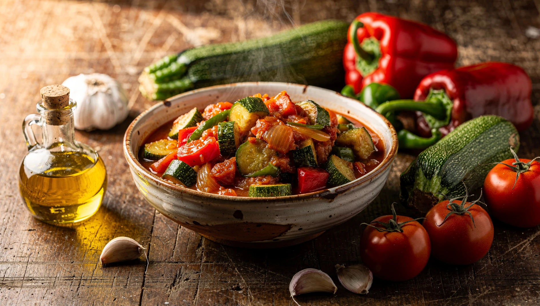 Bol de cerámica rústica con pisto manchego casero rodeado de verduras frescas y aceite de oliva