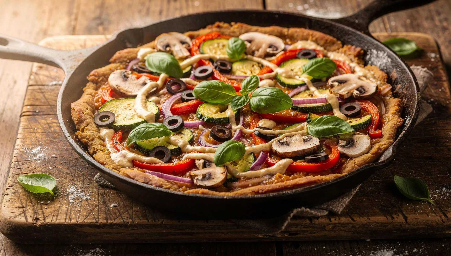 Pizza vegana en sartén con pimientos, champiñones, calabacín y queso de anacardos casero