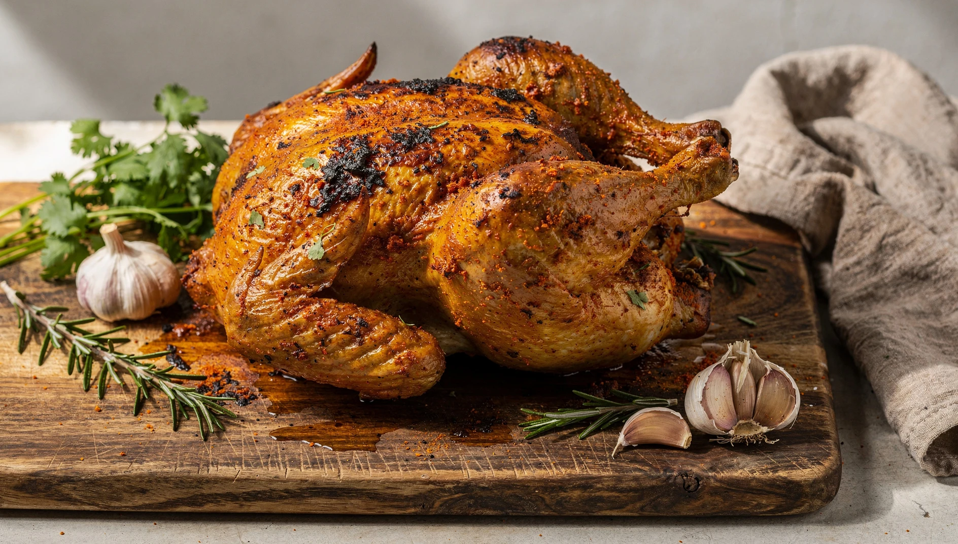 Pollo a la brasa casero recién horneado, con piel dorada y crujiente, sobre una tabla de madera