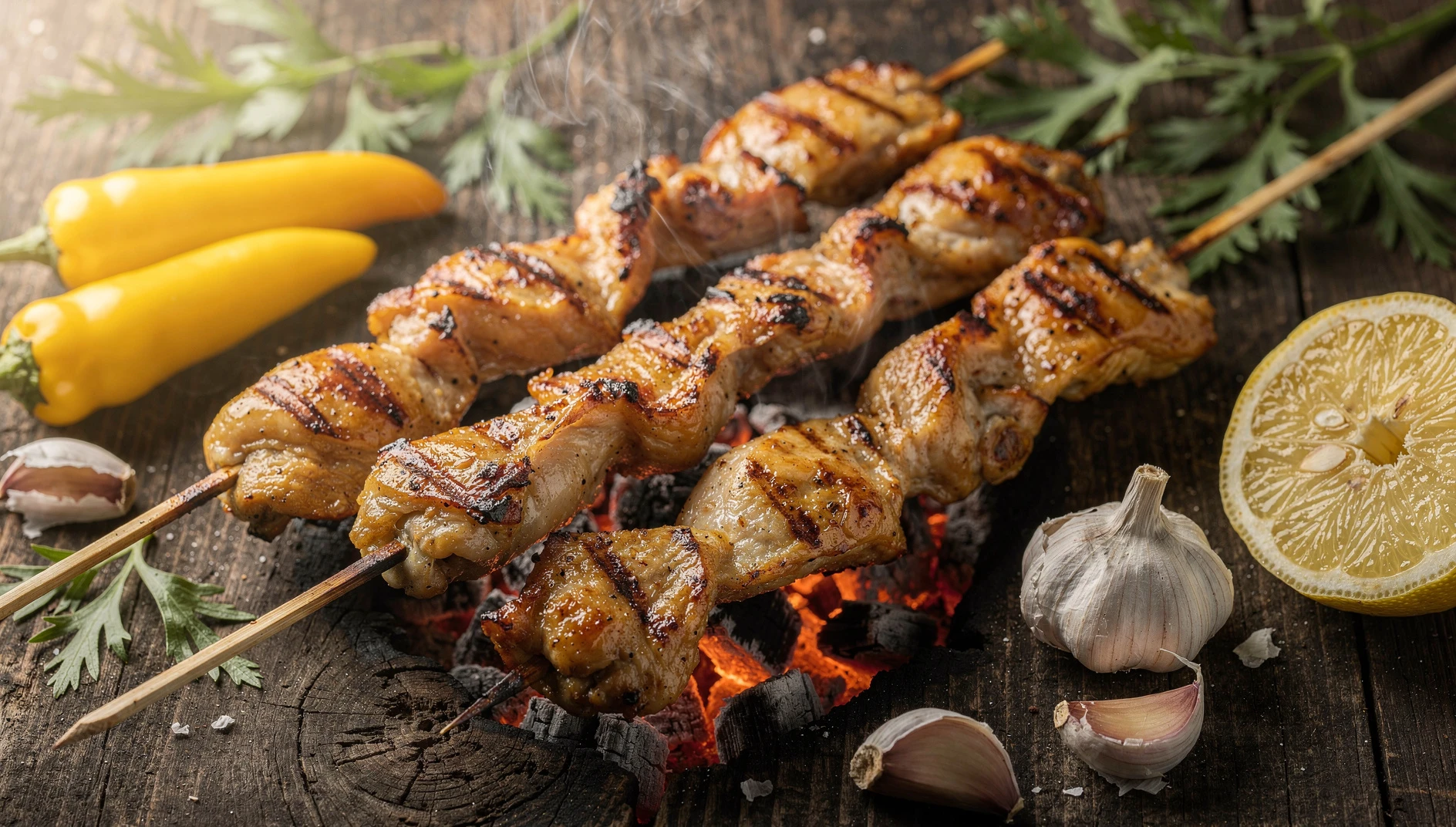 Pollo canga a la parrilla ensartado en palos de bambú sobre brasas, con marinada de ají amarillo y culantro amazónico