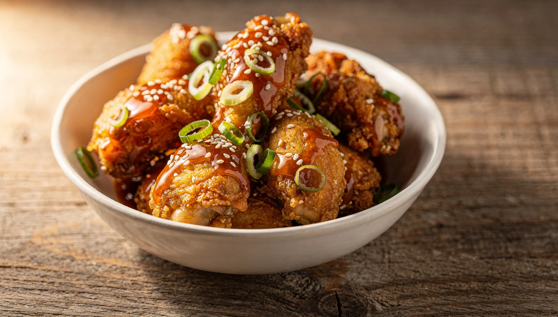 Trozos de pollo crujiente bañados en salsa agridulce con semillas de sésamo y cebolleta
