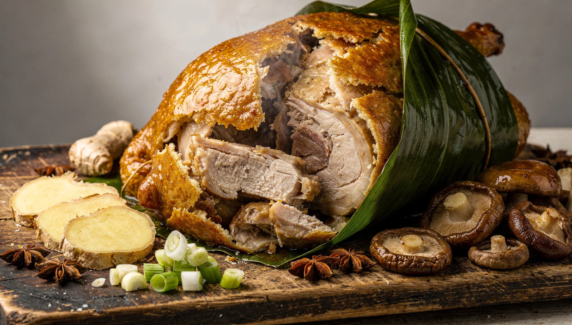 Pollo del mendigo Jiaohua Ji recién sacado del horno con la costra rota y las hojas de loto visibles