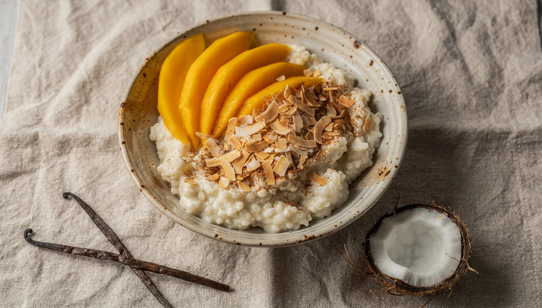 Pudín de arroz vegano con leche de coco y vainilla decorado con coco rallado tostado y canela en polvo
