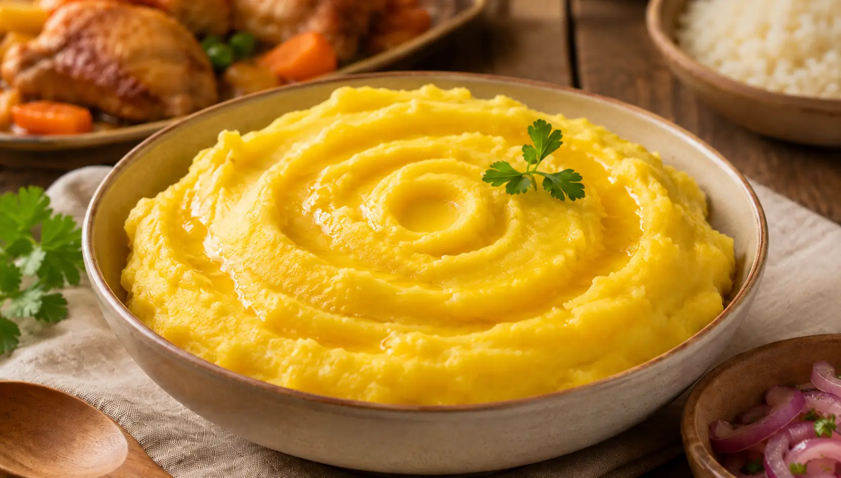 Puré de papa amarilla peruana servido en un plato hondo