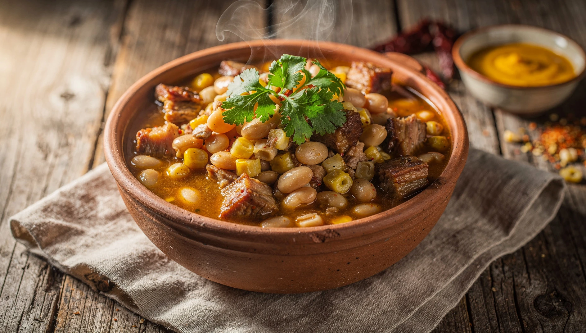 Purtumute amazónico servido en olla de barro con frijoles, mote y trozos de cerdo, decorado con culantro fresco