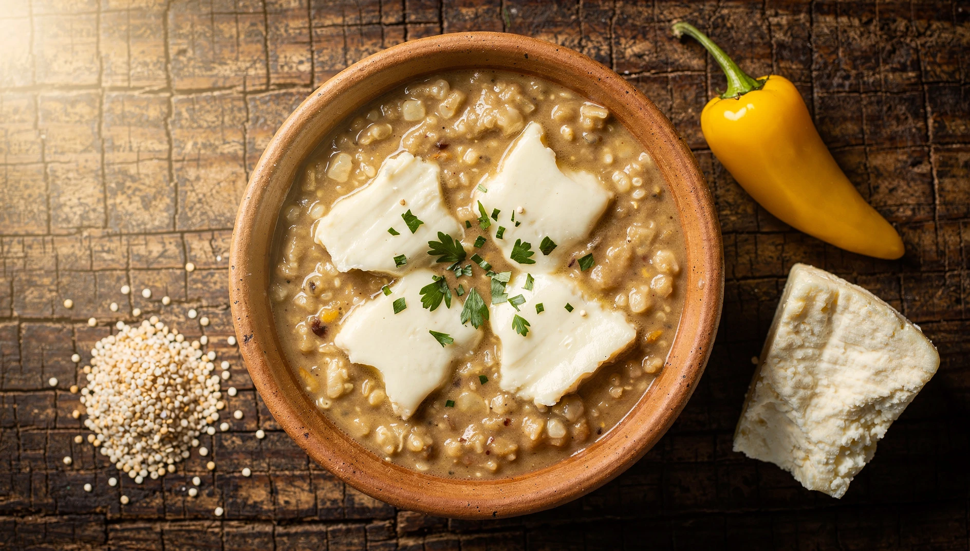 Tazón de quinua atamalada cremosa con queso fresco y perejil sobre mesa de madera rústica