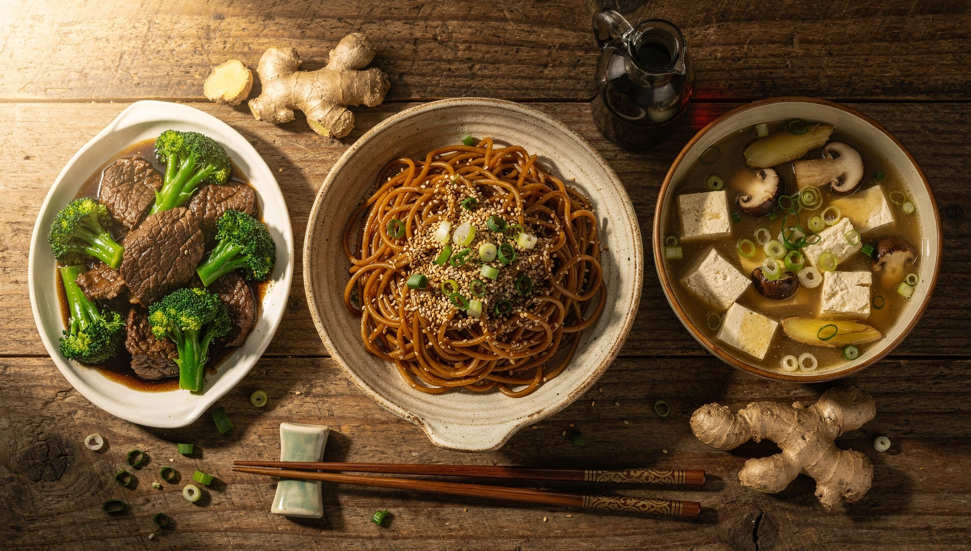 Platos de comida china casera sobre mesa de madera con fideos de sésamo, ternera con brécol y sopa agripicante