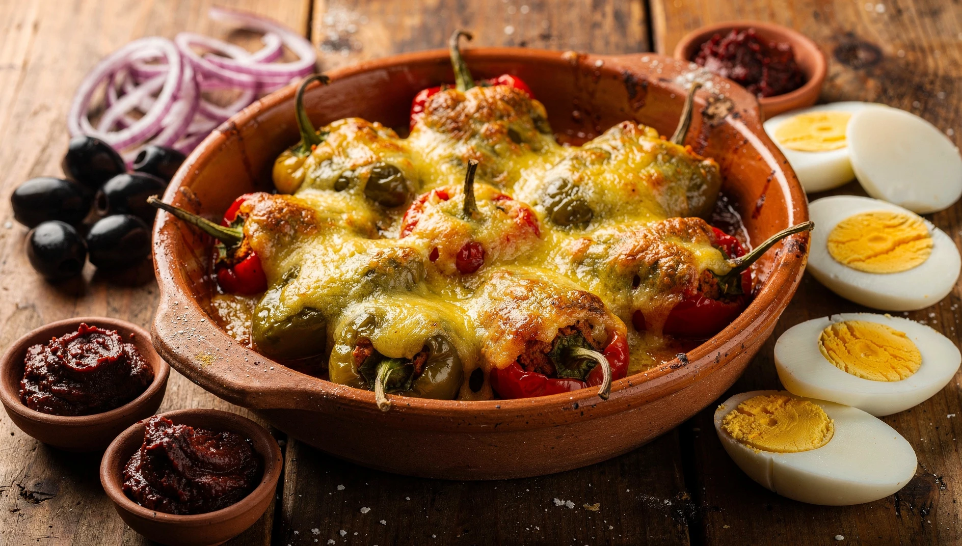 Rocoto relleno arequipeño horneado con queso derretido y relleno de carne en fuente de barro