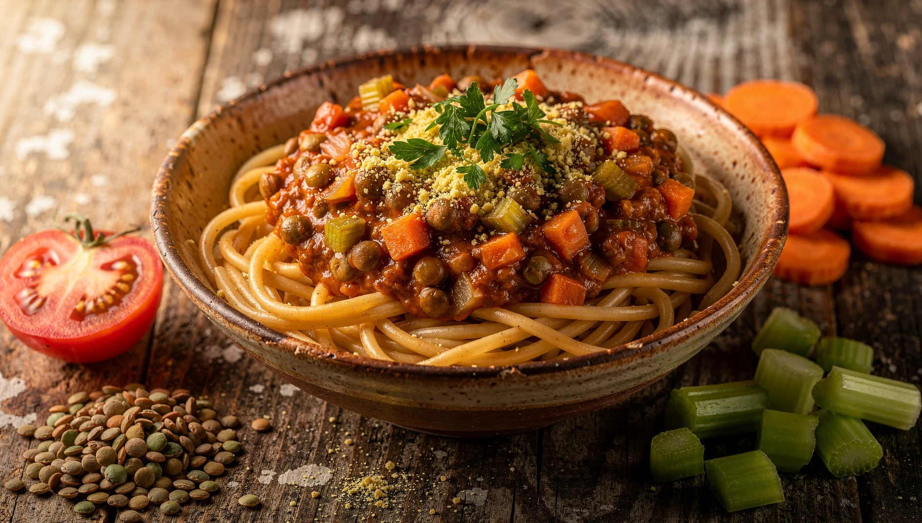 Plato de pasta con salsa boloñesa vegana de lentejas, decorado con perejil fresco y levadura nutricional