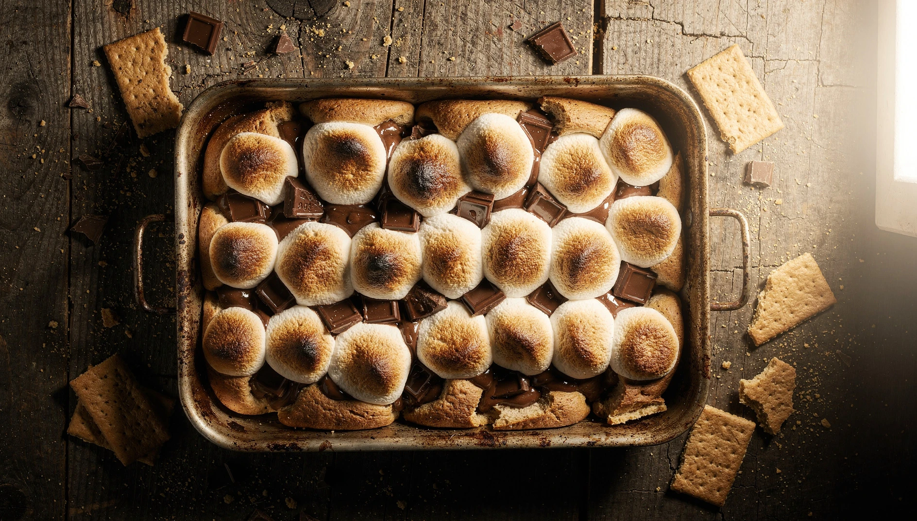 S'mores al horno con malvaviscos dorados, chocolate fundido y galletas Graham en una fuente rectangular