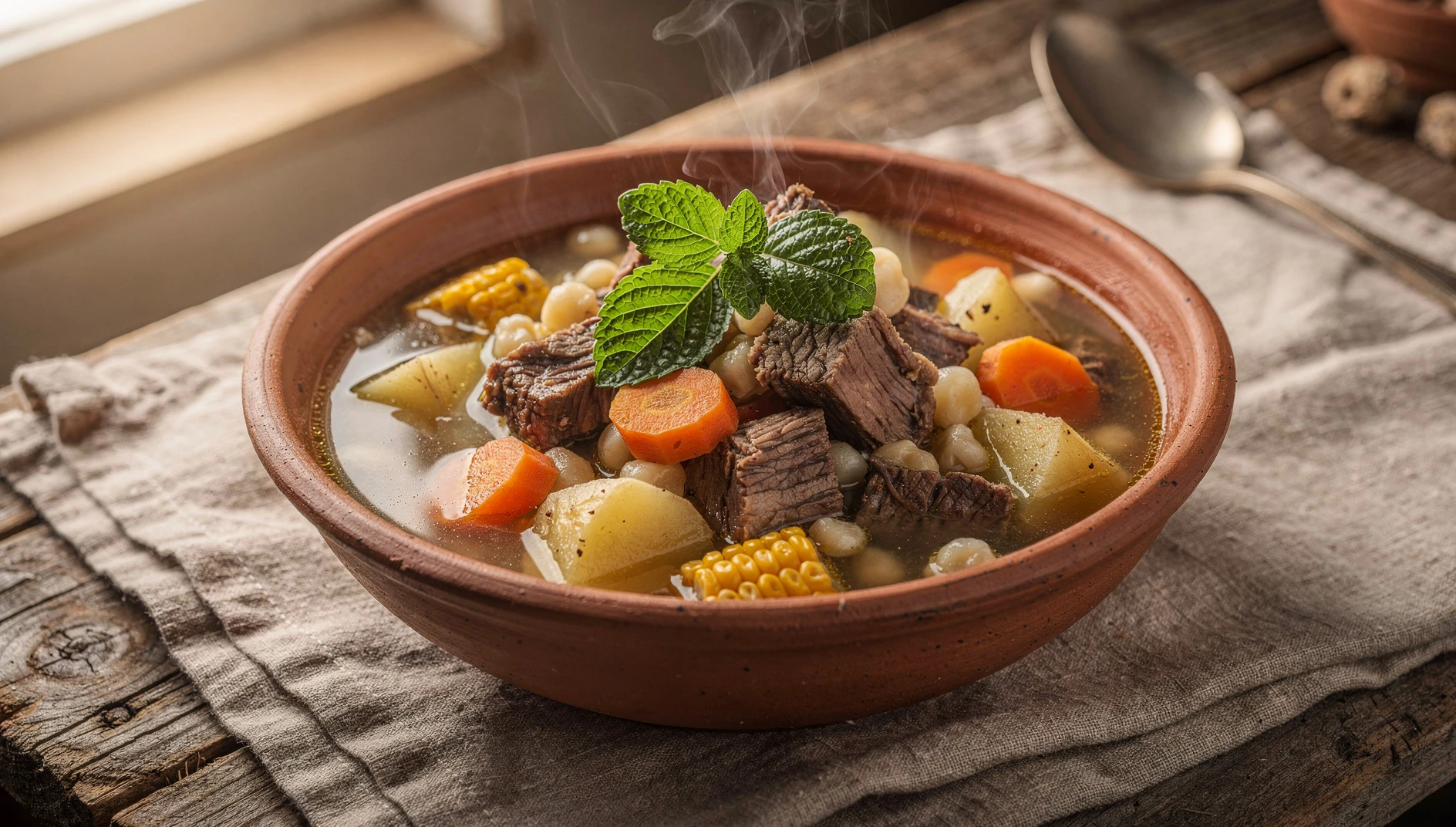 Sopa de mote peruana con trozos de carne, papas, zanahoria y hierbas frescas servida en un tazón de barro
