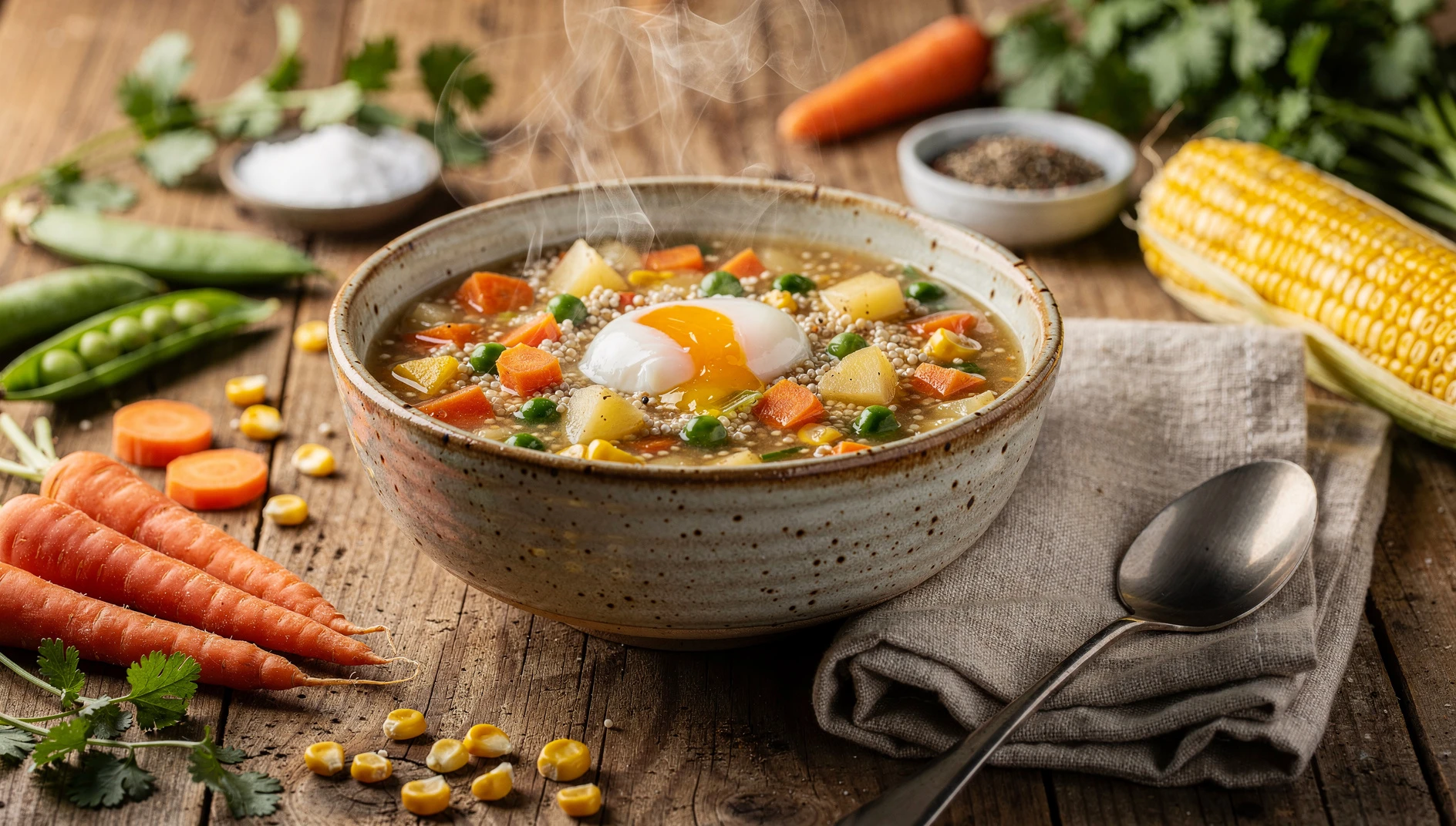 Tazón de sopa de quinua peruana con verduras coloridas y huevo pochado, servida en cerámica rústica sobre mesa de madera