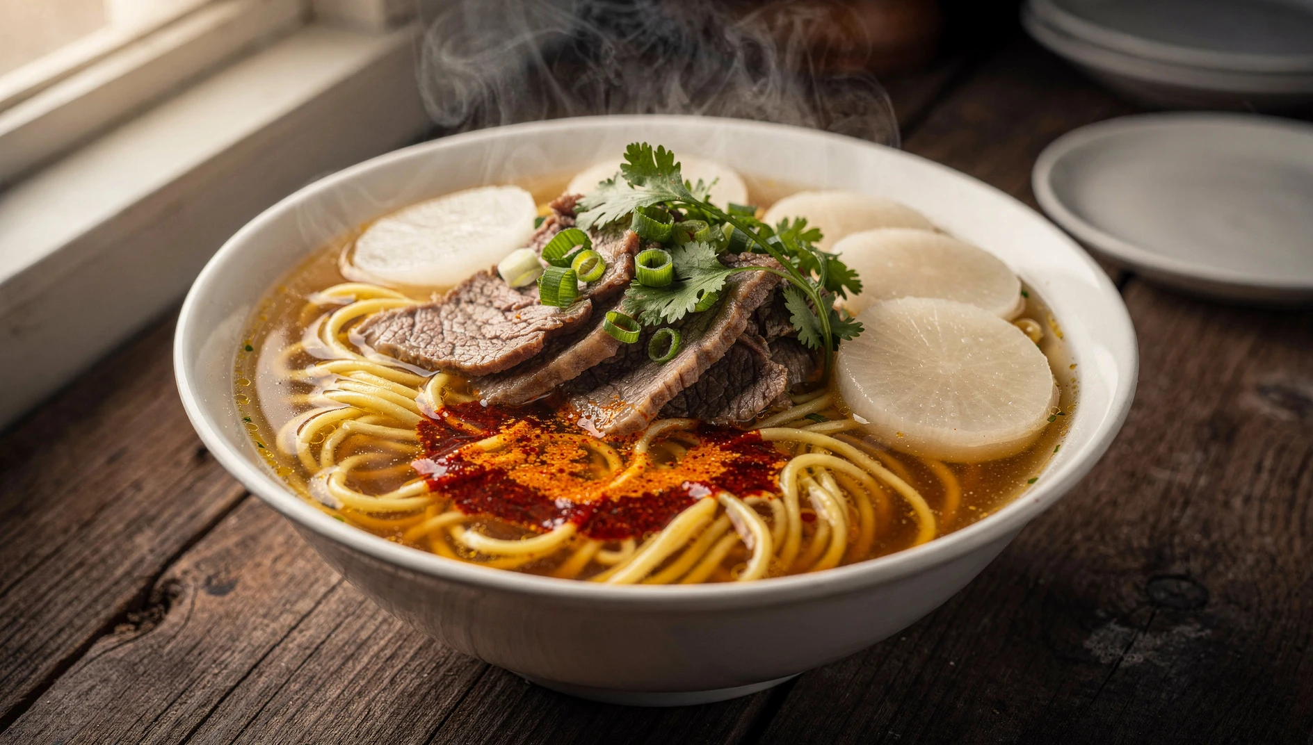 Tazón de sopa Lanzhou lamian de res con fideos estirados a mano, caldo claro, rodajas de carne y aceite de chile rojo