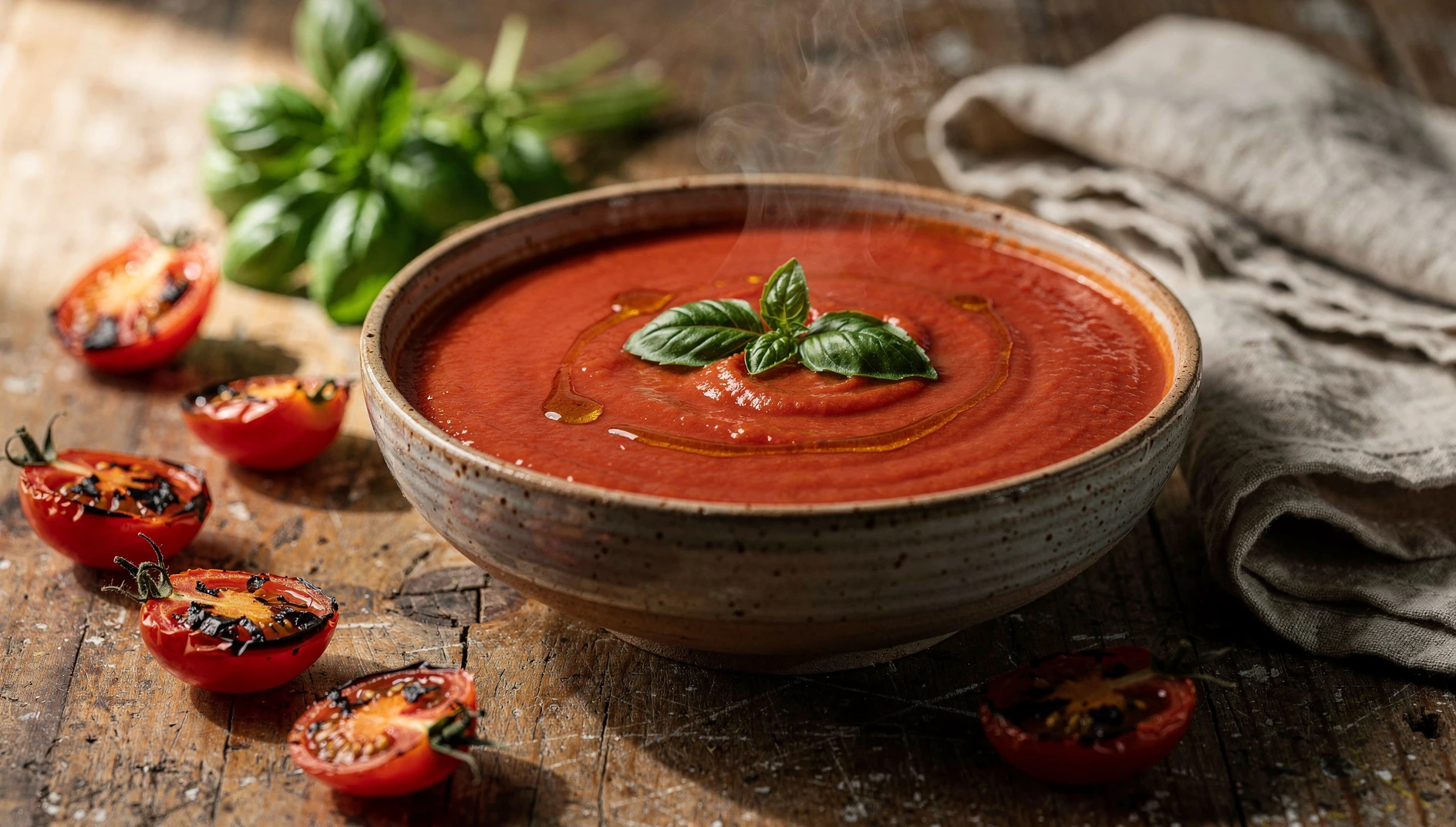 Bol de sopa vegana de tomate asado y albahaca fresca servida sobre mesa de madera rústica