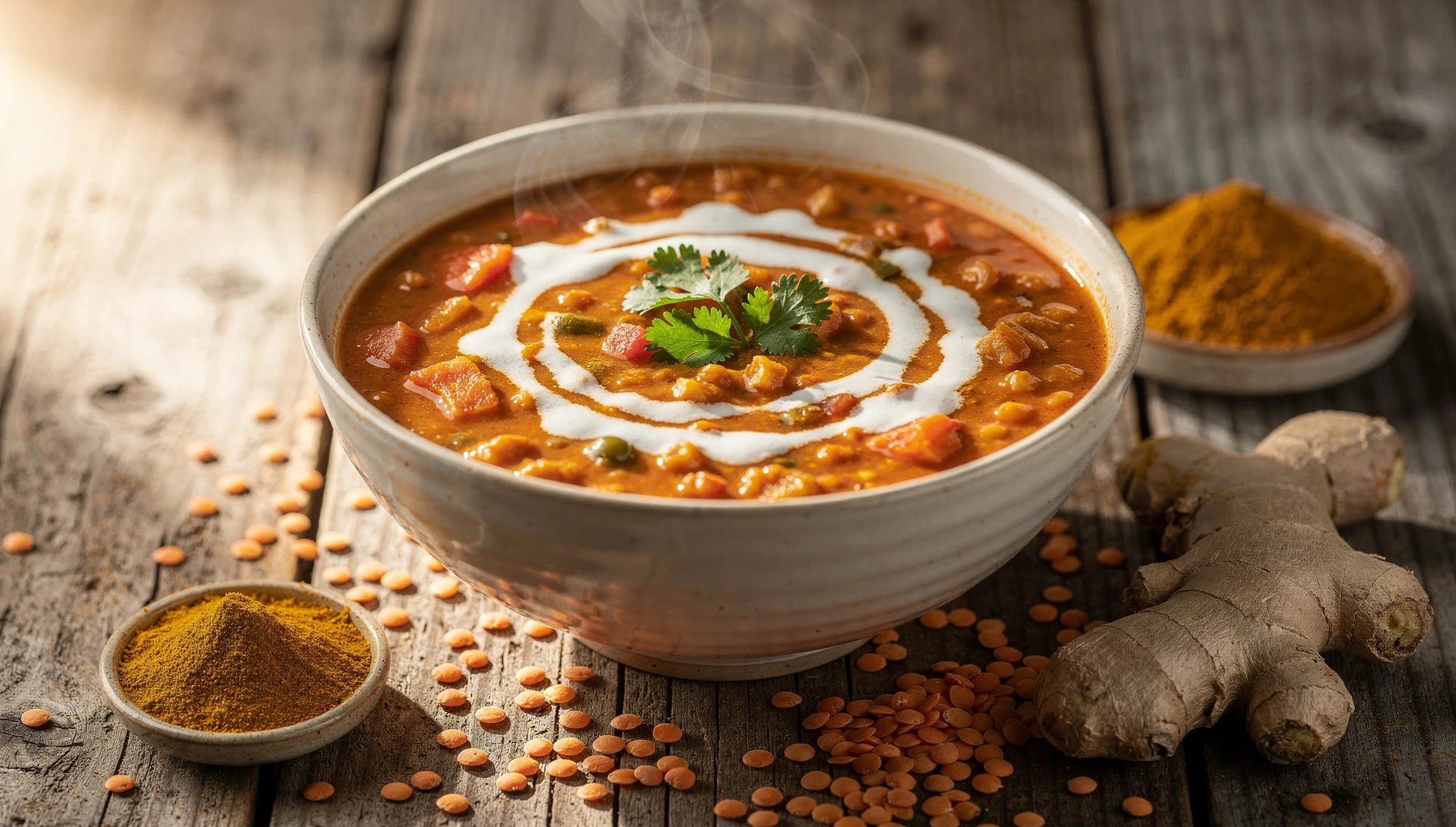 Tazón de sopa vegana de lentejas rojas con curry suave decorada con leche de coco y cilantro fresco