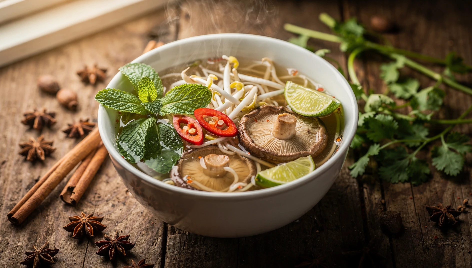 Tazón de sopa vegana pho con fideos de arroz, brotes de soja, menta fresca y especias sobre mesa de madera