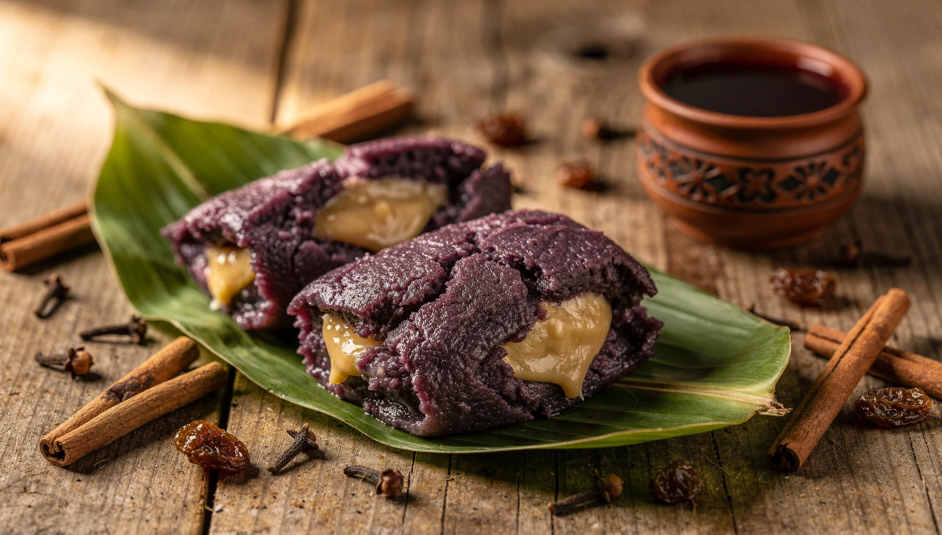 Tamal de maíz morado dulce abierto sobre hoja de plátano con relleno de manjar blanco y especias alrededor