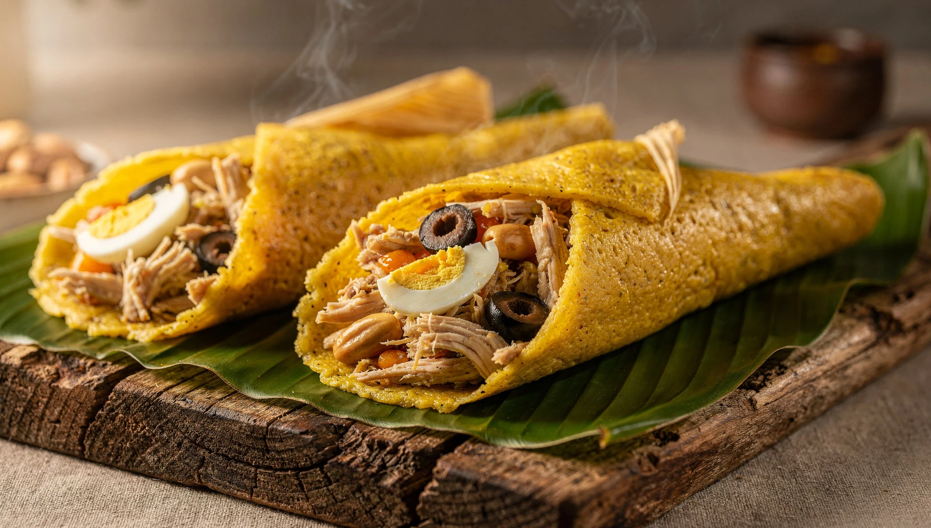 Tamal peruano relleno de pollo deshilachado y huevo duro sobre hoja de plátano