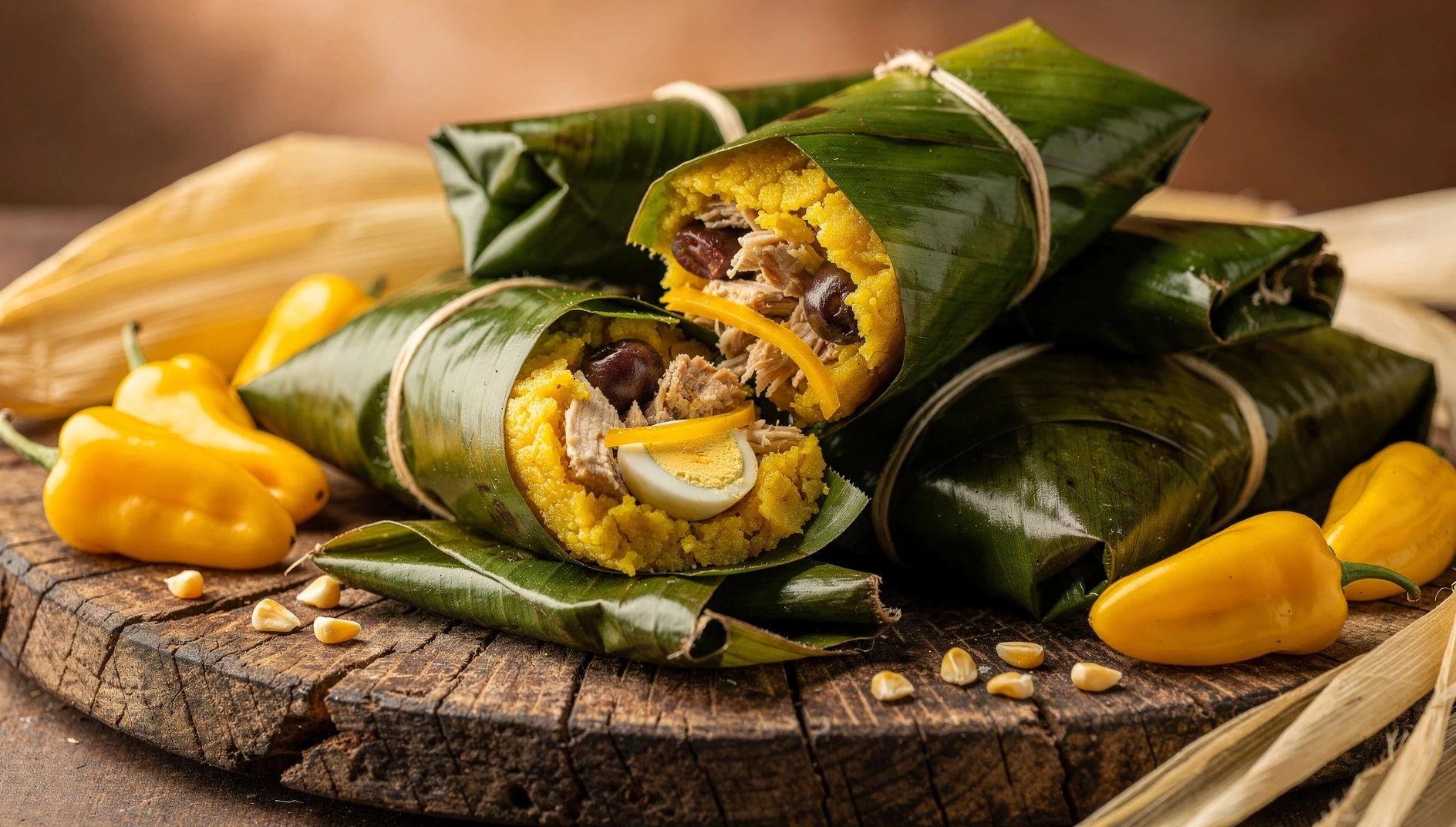 Tamales peruanos sin lactosa envueltos en hojas de plátano con relleno de pollo, aceitunas y ají amarillo visibles