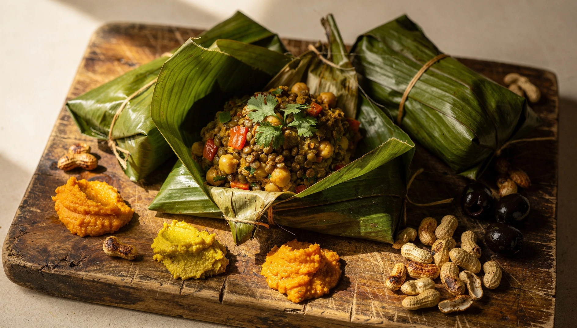 Tamales vegetarianos peruanos envueltos en hojas de plátano, uno abierto mostrando el relleno de menestras con ají y culantro