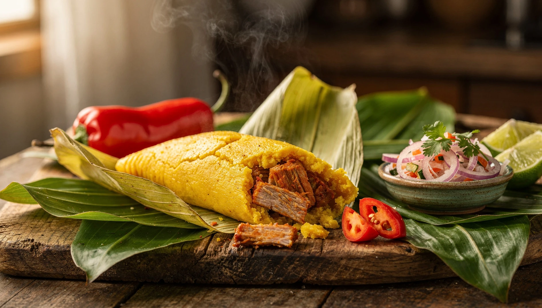 Tamales arequipeños abiertos sobre tabla de madera con relleno de cerdo, aderezo de ají panca y rocoto, rodeados de hojas de plátano