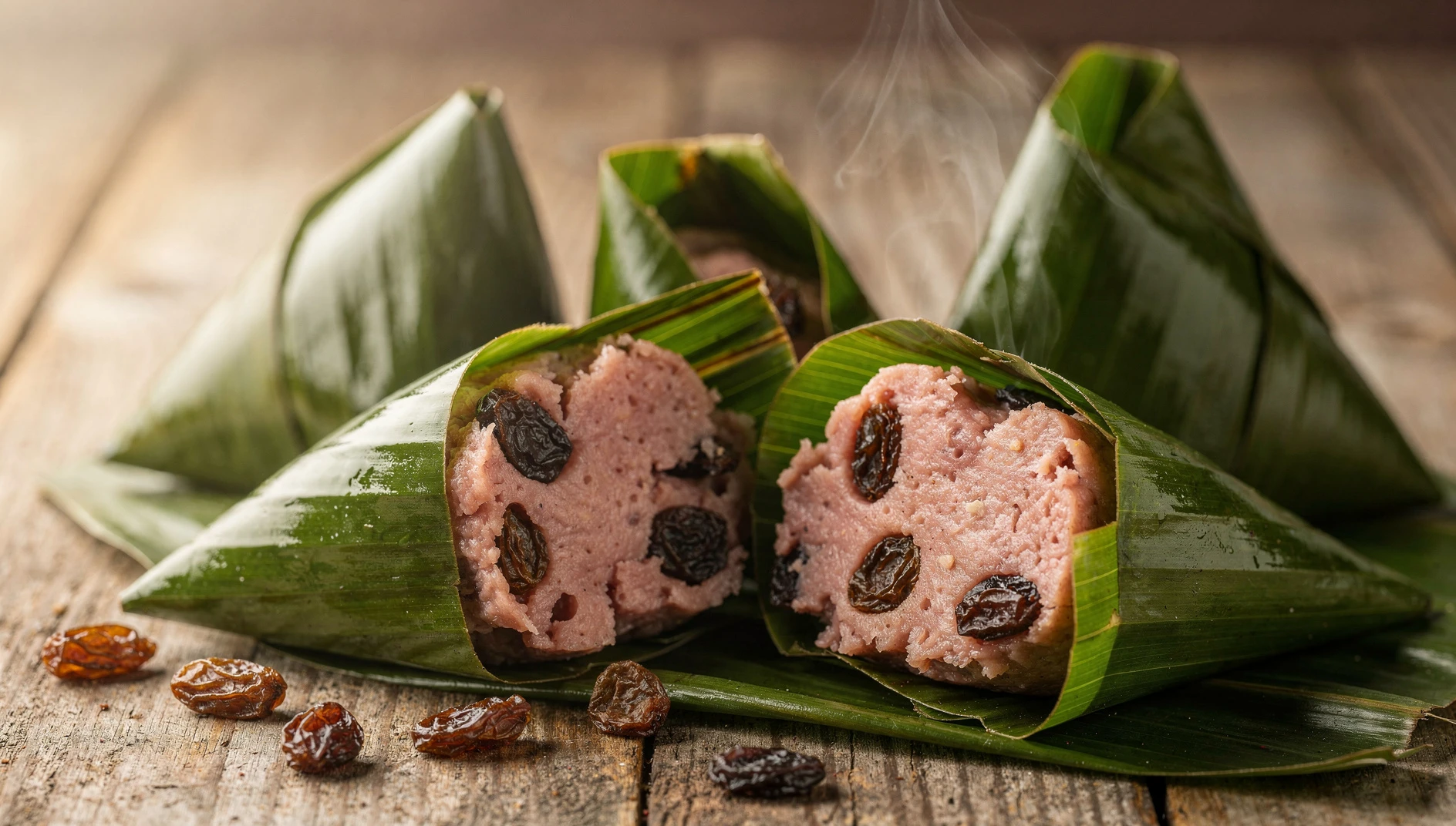 Tamales dulces peruanos envueltos en hojas de plátano, con masa rosada y pasas visibles al interior