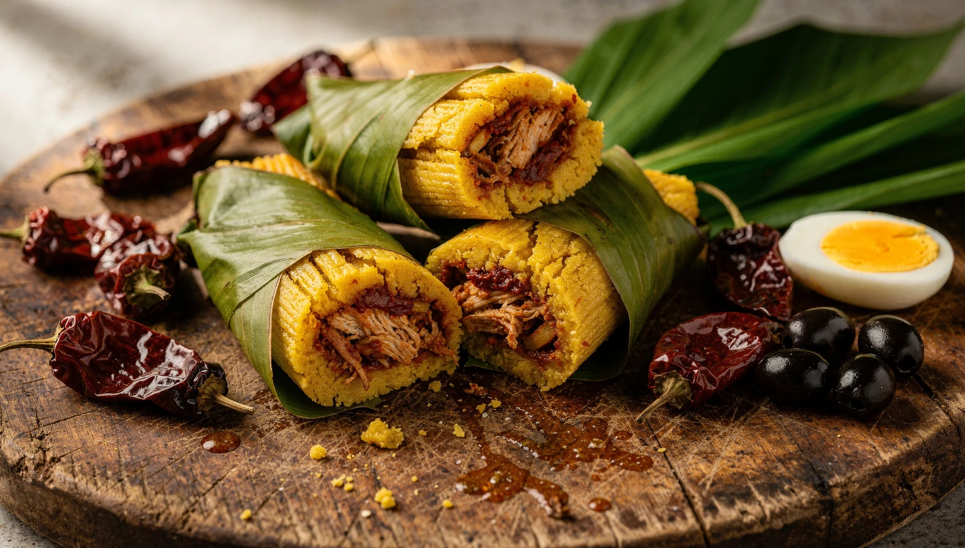 Tamales serranos peruanos de maíz con relleno de pollo y ají panca servidos sobre hoja de plátano