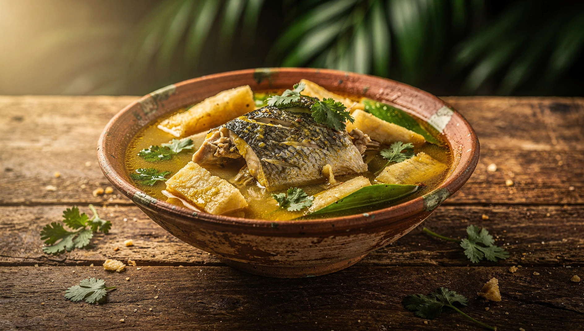 Timbuche de carachama servido en olla de barro con yuca, plátano verde y culantro fresco