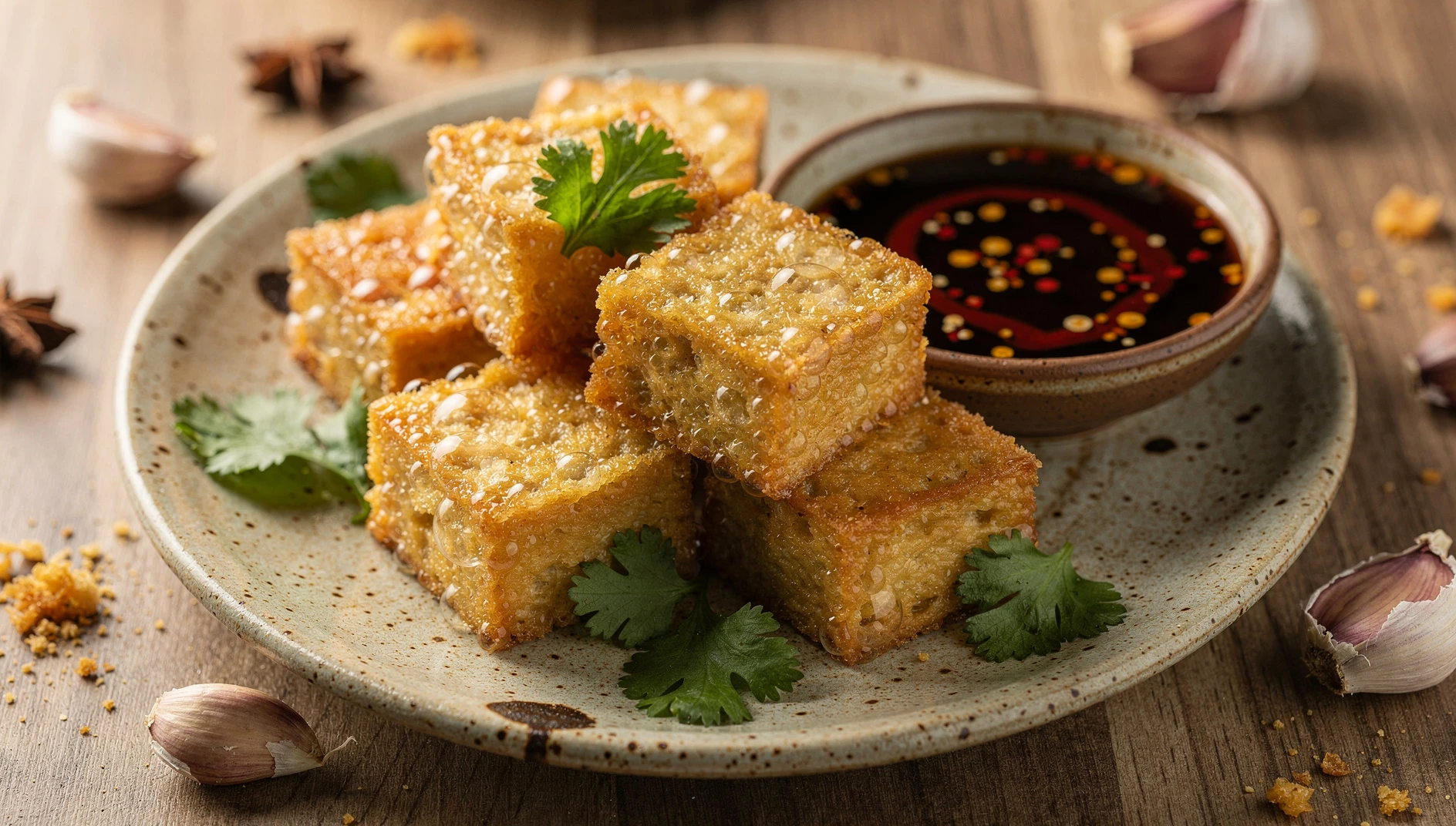 Cubos de tofu maloliente frito dorados y crujientes servidos con salsa de soja y cilantro fresco
