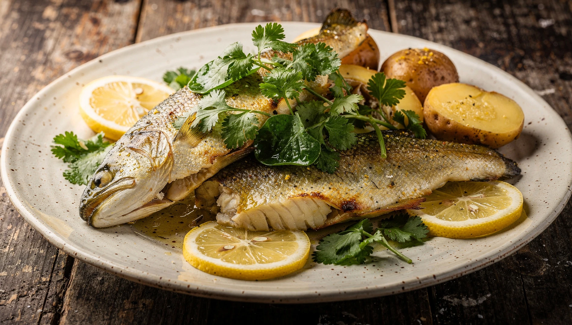 Filetes de trucha a la plancha dorados con ajo y hierbas andinas servidos en plato de cerámica rústica