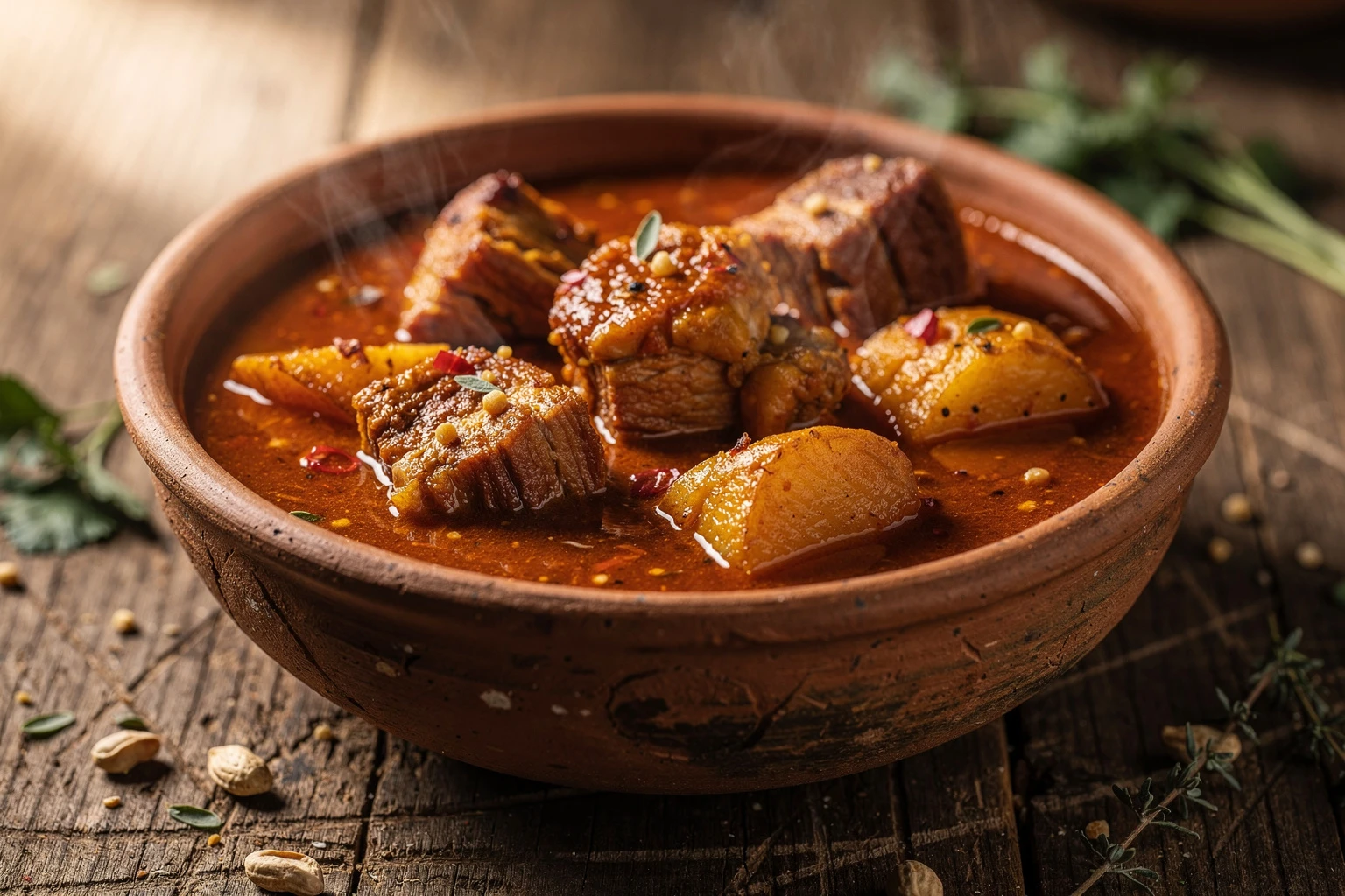 Carapulcra peruana tradicional con papa seca, carne de cerdo y maní servida en plato de barro