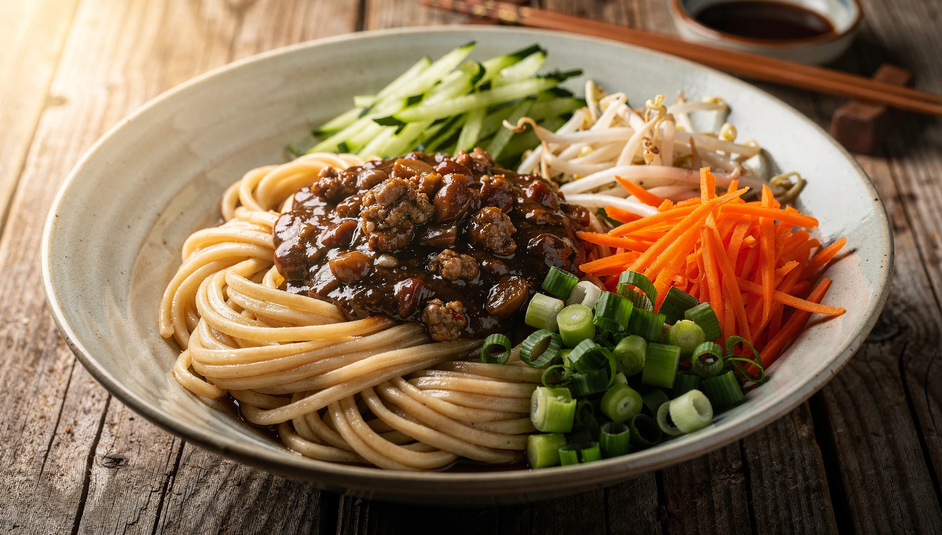 Bol de fideos zha jiang mian con salsa de frijol, pepino en juliana, zanahoria y brotes de soja al estilo Beijing