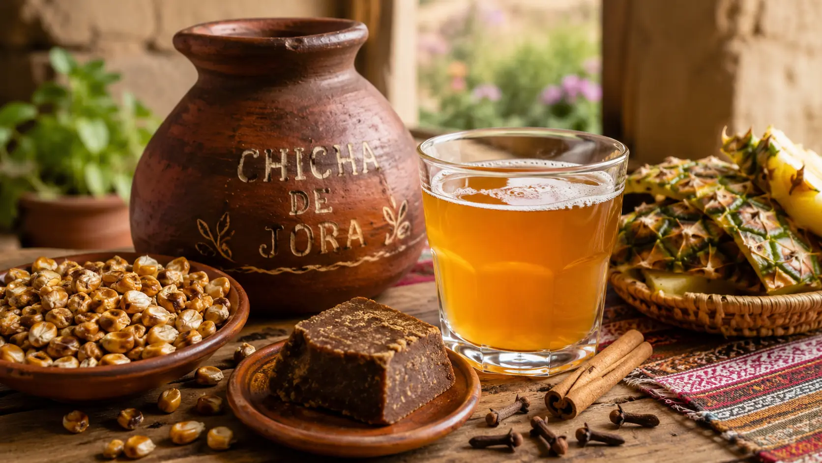 Chicha de jora tradicional peruana servida en vaso con maíz de jora, chancaca, canela, clavo y cáscara de piña