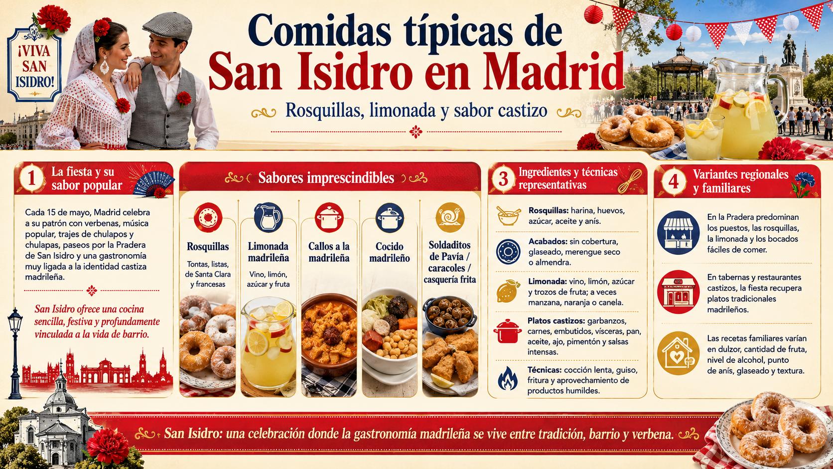 Infografía sobre comidas típicas de San Isidro en Madrid, con rosquillas, limonada madrileña y platos castizos tradicionales