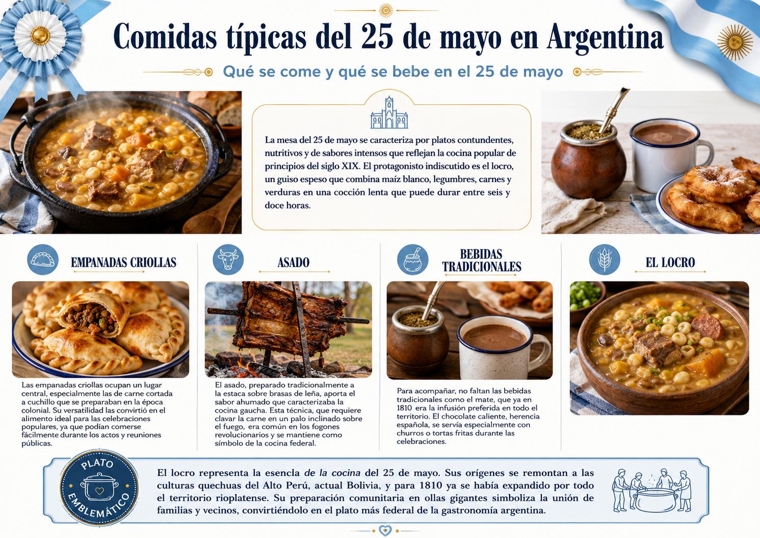 Infografía sobre comidas típicas del 25 de mayo en Argentina con locro, empanadas criollas, asado, mate y chocolate caliente.