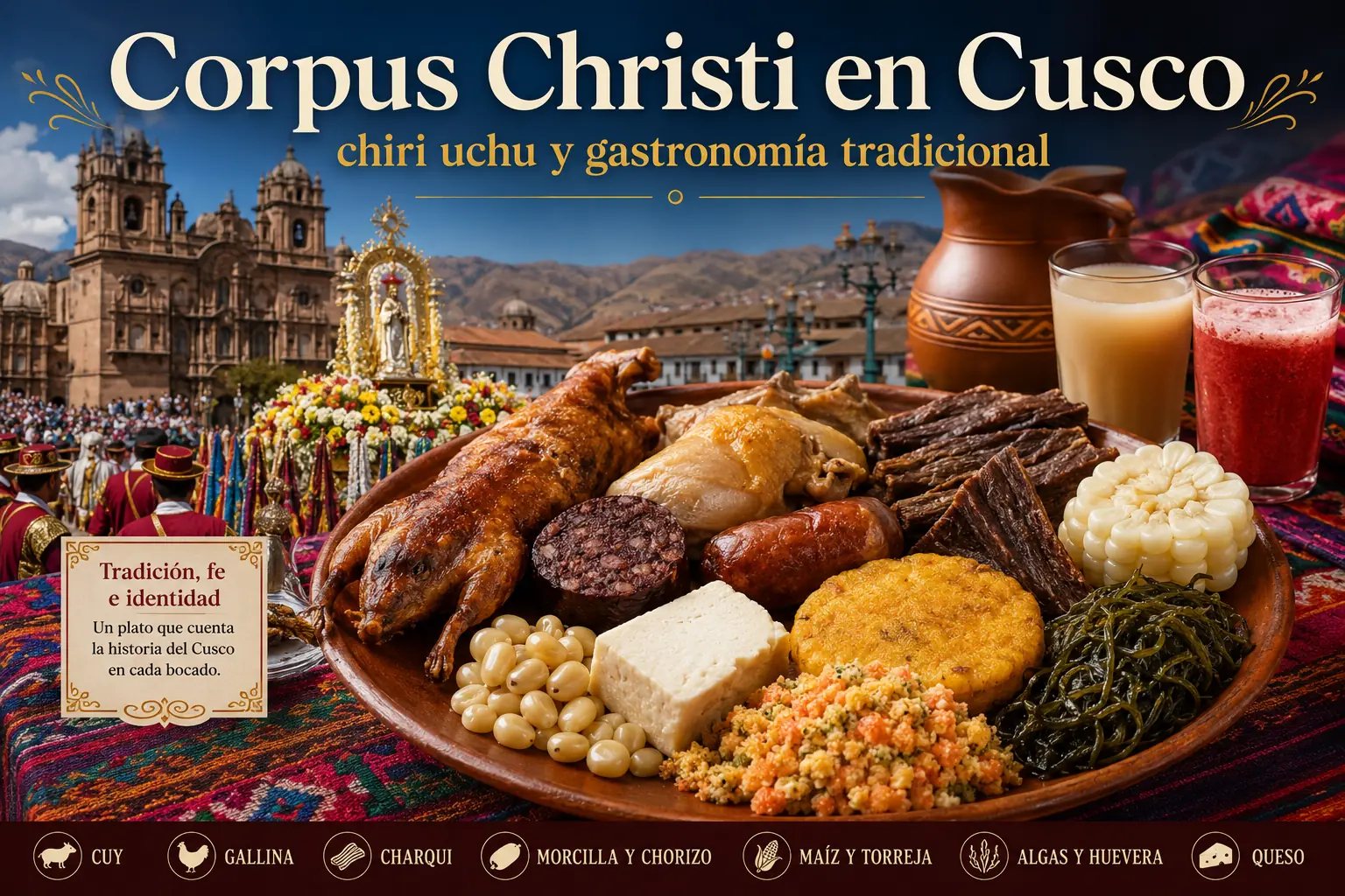Chiri uchu tradicional durante el Corpus Christi en Cusco, con cuy, gallina, charqui, maíz, queso, algas y bebidas andinas.