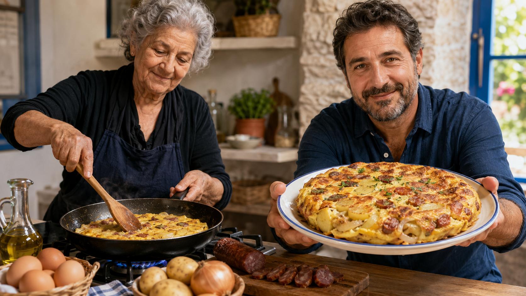 Mujer griega cocinando froutalia de Andros y hombre mostrando la receta servida en un plato