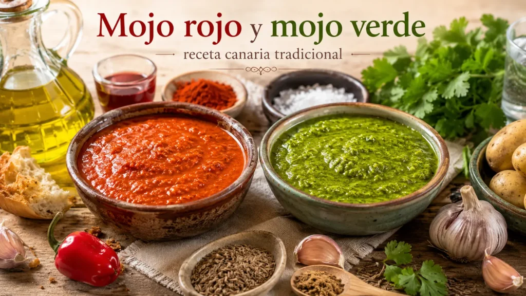 Mojo rojo y mojo verde en cuencos con ajo, comino, pimentón, aceite de oliva, cilantro y papas canarias