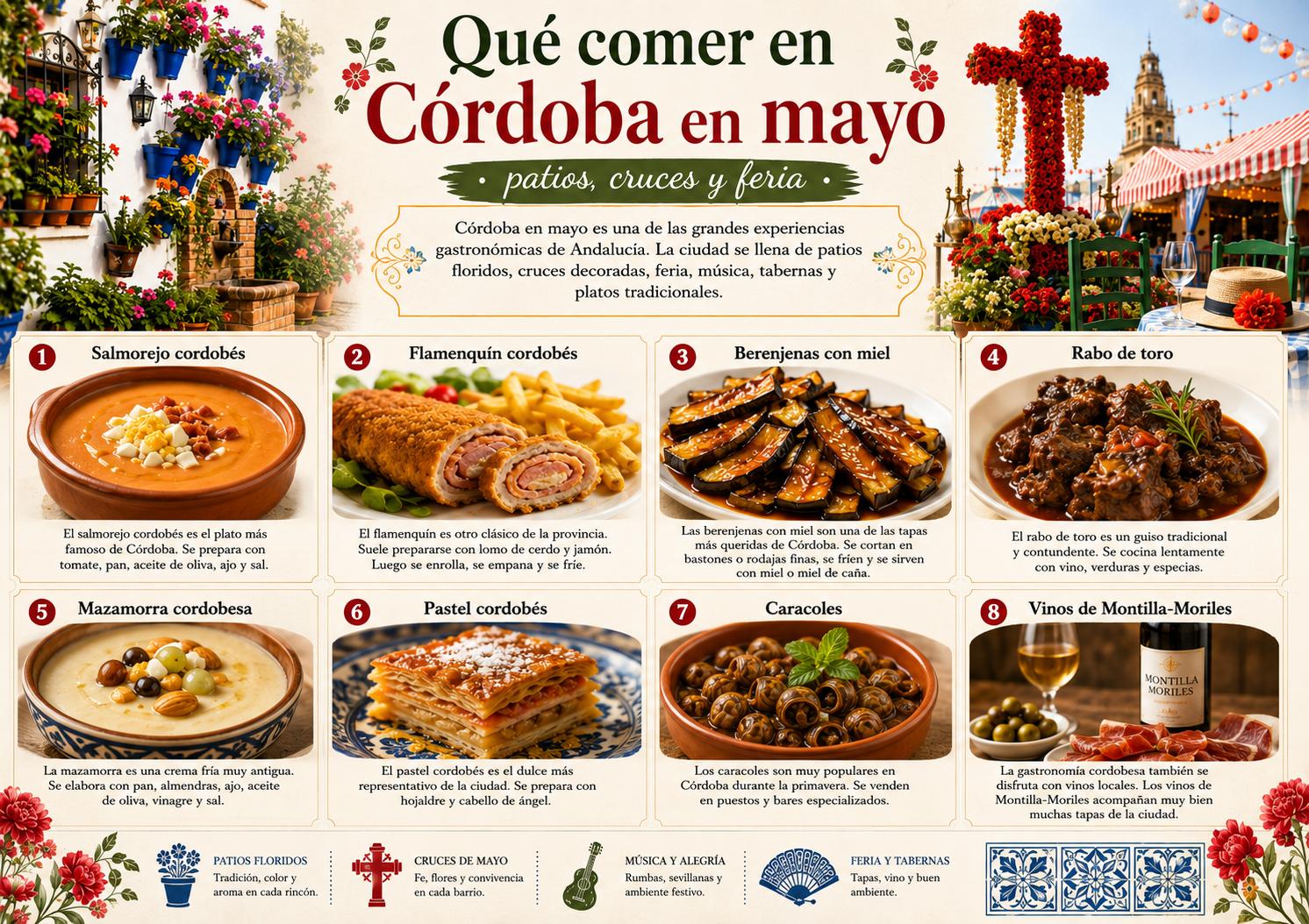 Infografía sobre qué comer en Córdoba en mayo, con salmorejo cordobés, flamenquín, berenjenas con miel, rabo de toro, mazamorra, pastel cordobés, caracoles y vinos de Montilla-Moriles.