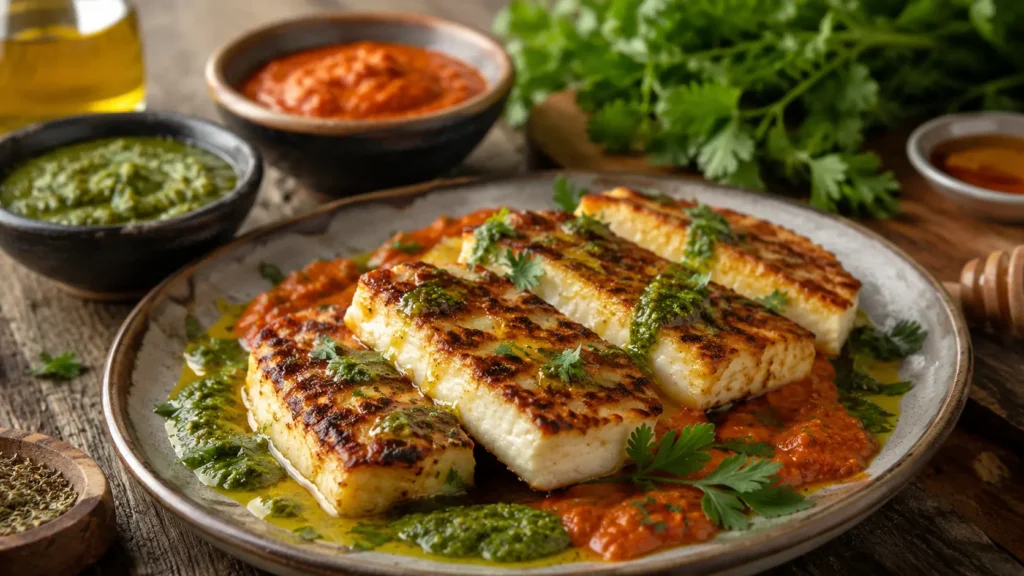 Queso asado con mojo rojo y mojo verde servido con hierbas frescas