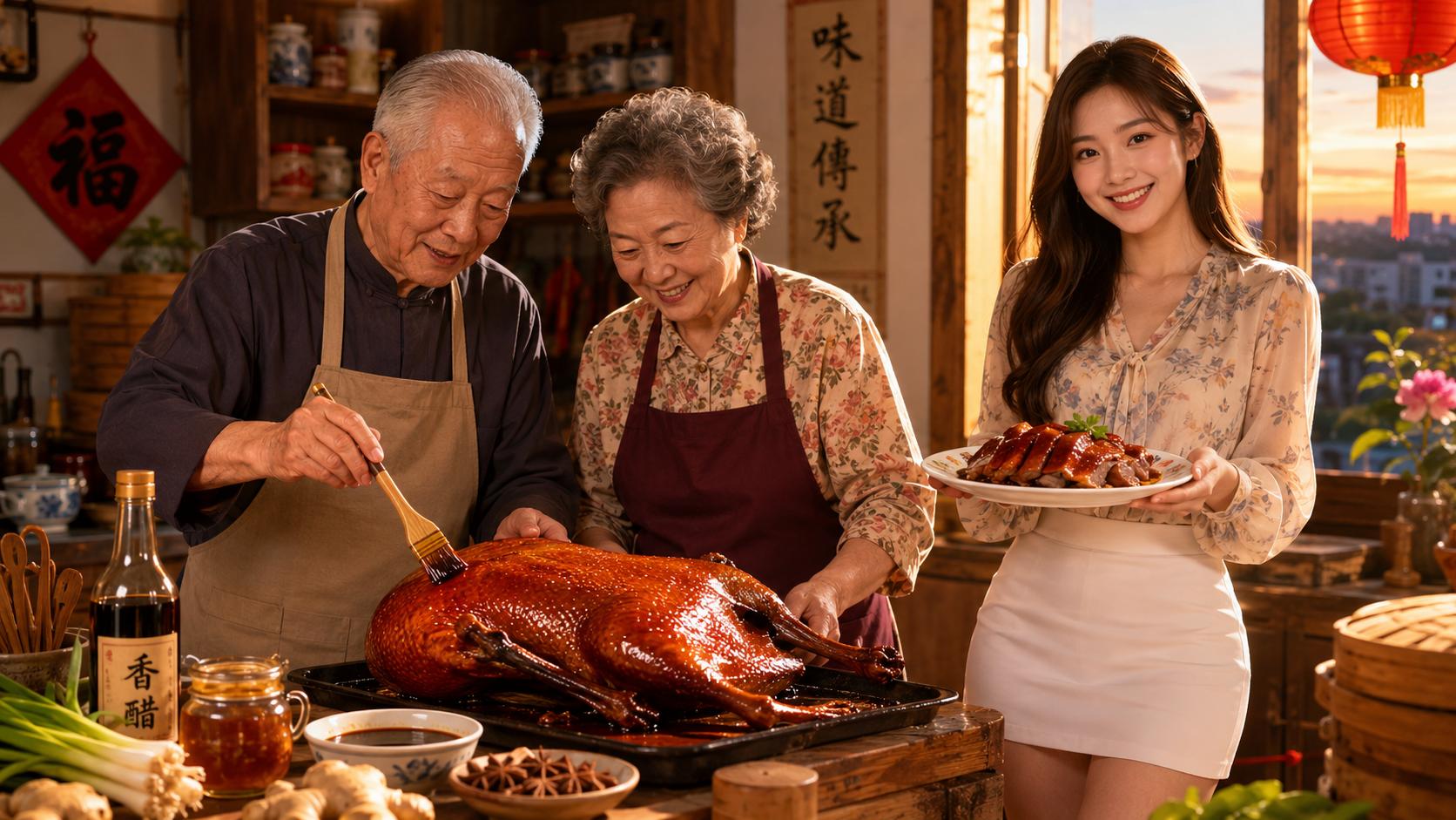 Siu ngo cantonés, oca asada china de piel crujiente servida en una cocina tradicional al atardecer