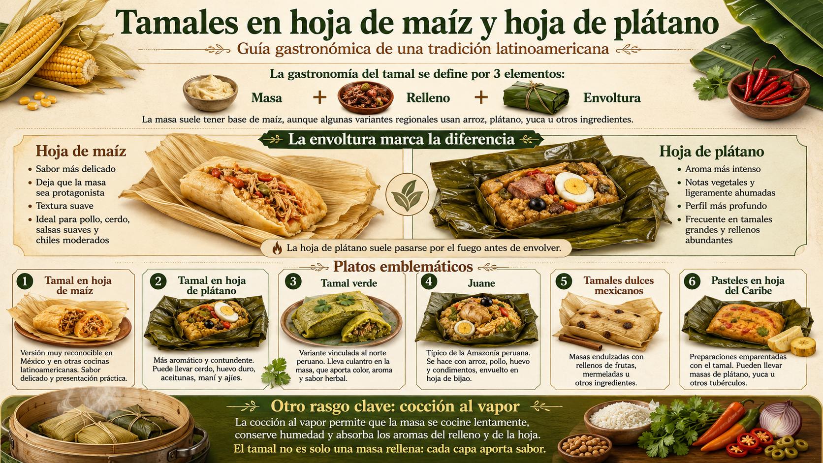 Infografía sobre tamales en hoja de maíz y hoja de plátano, con variantes latinoamericanas y cocción al vapor.