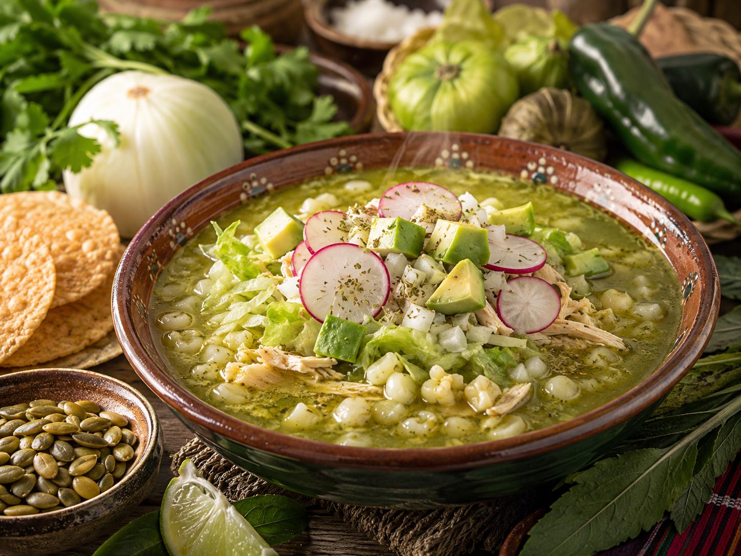 Pozole verde guerrerense con pollo servido con lechuga, rábanos, aguacate y tostadas