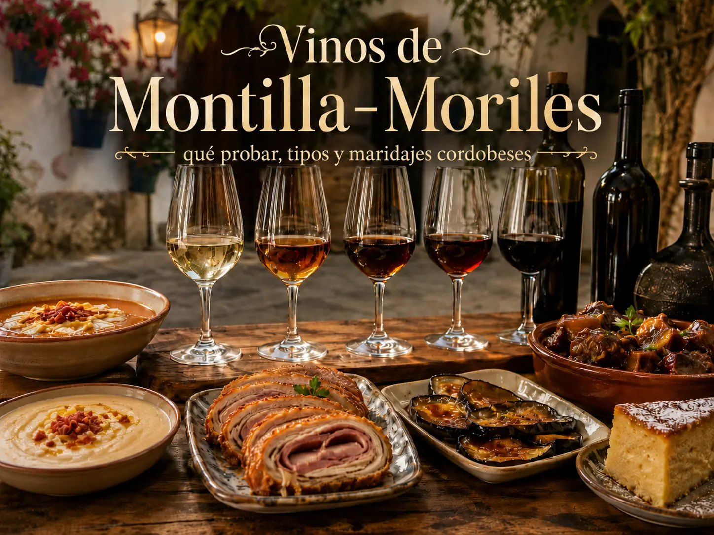 Infografía sobre vinos de Montilla-Moriles, tipos principales y maridajes cordobeses con fino, amontillado, oloroso, palo cortado y Pedro Ximénez.