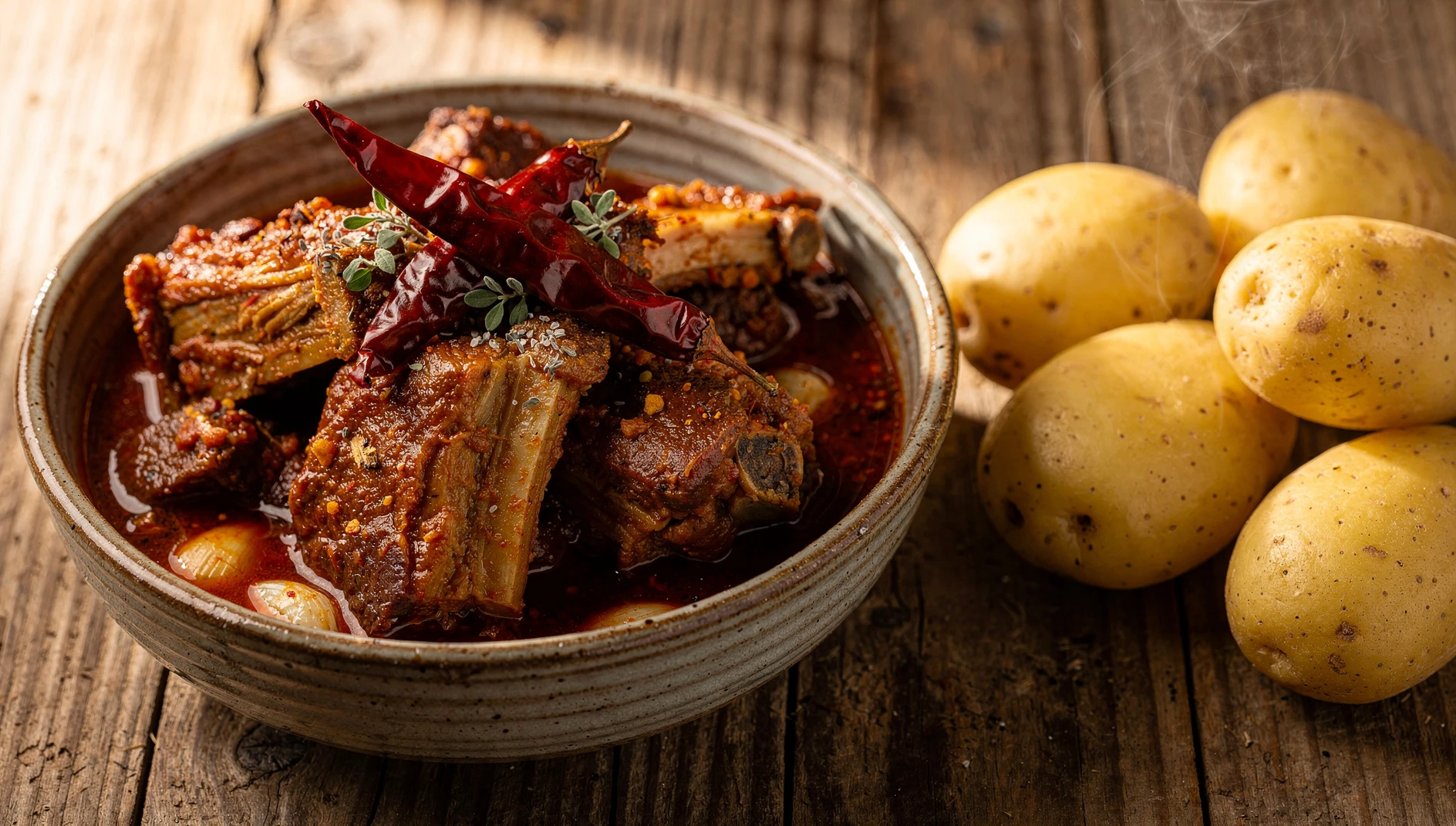 Plato de adobo ayacuchano con trozos de cerdo en salsa de ají panca y papas sancochadas sobre mesa de madera