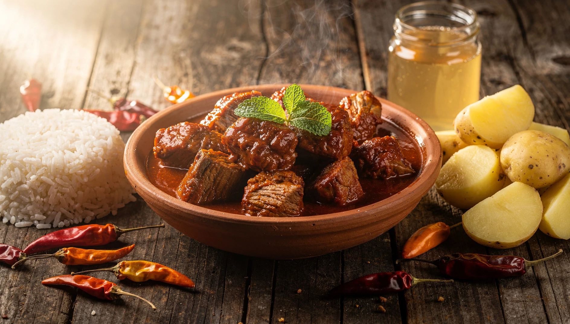 Adobo cusqueño servido en olla de barro con papas y hierbabuena fresca sobre mesa rústica